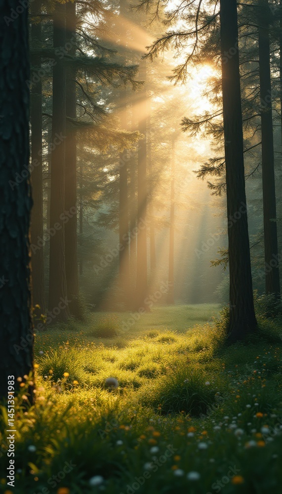 Poster enchanting forest glade with golden sunlight filtering through tall trees