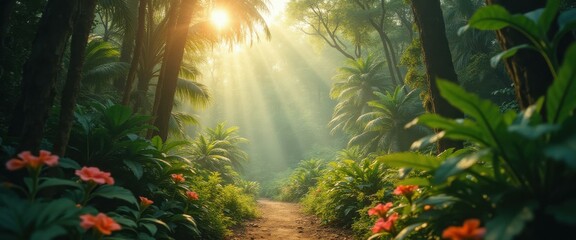Obraz premium Path through a dense jungle with sunlight beaming through the trees and orange flowers blooming