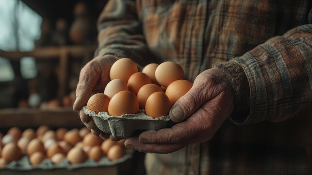 A farmer holds a carton of fresh eggs in his hands.