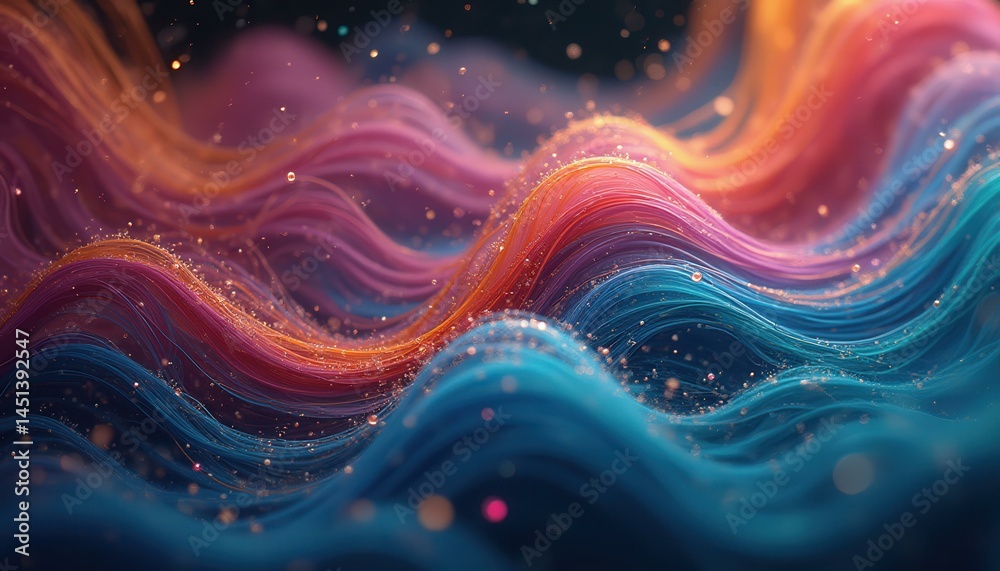 Poster Energetic Abstract Waves of Vibrant Light and Color with Sparkling Particles in a Dynamic Composition