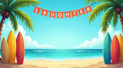 World laughter day celebration at the beach fun atmosphere colorful surfers tropical paradise view