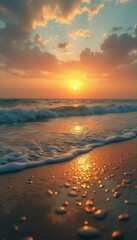 Obraz premium Golden Hour Serenity: Waves gently rolling onto the sandy beach under a vibrant orange sunset, creating a beautiful seascape.