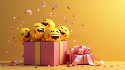 Celebrating world laughter day joyful smiley emojis in a colorful gift box festive atmosphere vibrant viewpoint