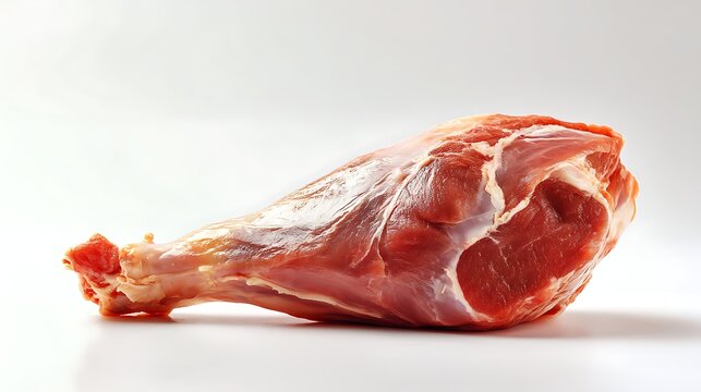 Fresh raw pig leg meat displayed on white background, perfect for meat markets, butchery visuals, and cooking inspiration.