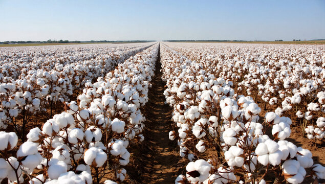 Vast cotton field ready for harvest under blue sky