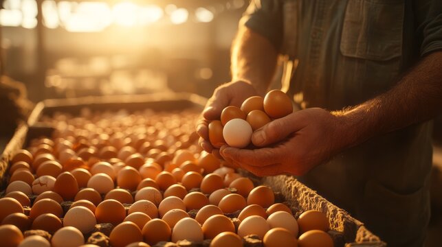 A farmer carefully sorts eggs in a sunlight-filled barn.