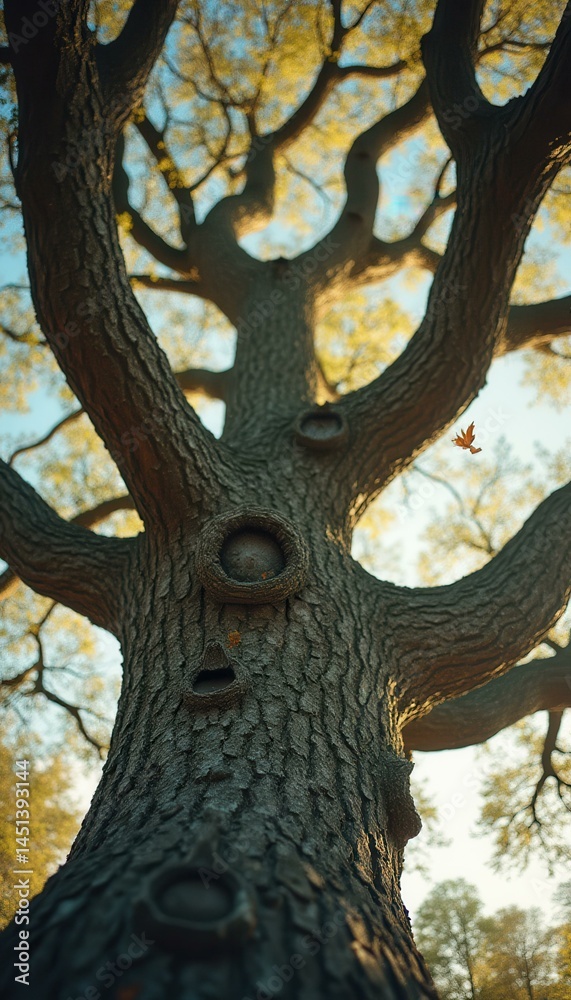 Poster A Majestic Tree Trunk Stretching Towards the Sky with a Single Leaf Falling