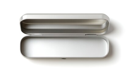 Open empty metal pencil case on white background, perfect for school supplies, office storage, or minimalist stationery visuals.
