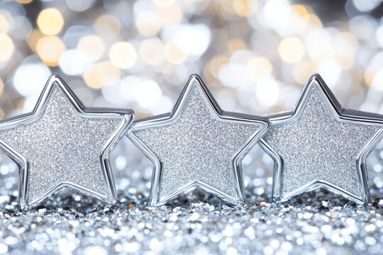 Three silver glitter stars against a sparkly background