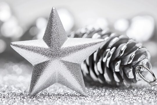 Silver star and pine cone ornament on glitter