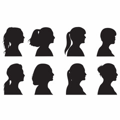Eight elegant female profile silhouettes in black against a white background simple graphic design element perfect for