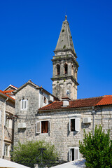 Bell tower of the Church of Saint Nicholas in Perast on the coast of the Adriatic Sea in the Bay of Kotor, Montenegro