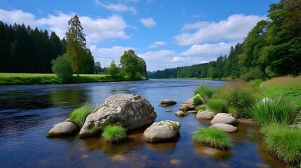 Naklejka premium Serene River Scene Calm Water Reflecting Lush Green Trees and Rocks