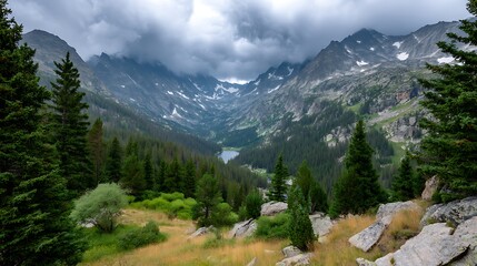 Obraz premium Majestic Mountain Valley Landscape Scenic View of a Serene Lake Nestled Among Towering Peaks Under a Cloudy Sky