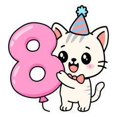 Obraz premium Cute Kawaii Cat Holding Number 8 Balloon - Adorable Cartoon Birthday Kitten Illustration with Party Hat