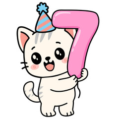 Cute Kawaii Cat Holding Number 7 Balloon - Adorable Cartoon Birthday Kitten Illustration with Party Hat