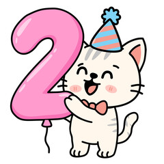 Cute Kawaii Cat Holding Number 2 Balloon - Adorable Cartoon Birthday Kitten Illustration with Party Hat