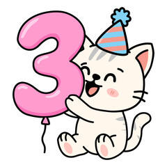 Cute Kawaii Cat Holding Number 3 Balloon - Adorable Cartoon Birthday Kitten Illustration with Party Hat