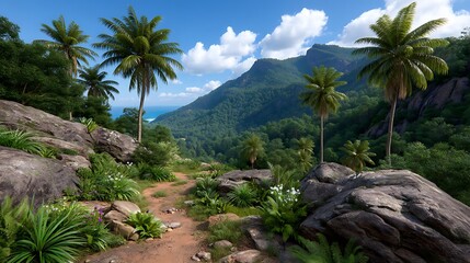 Fototapeta premium Scenic Tropical Island Trail Palm Trees Rocks and Ocean View A picturesque path winds through lush vegetation
