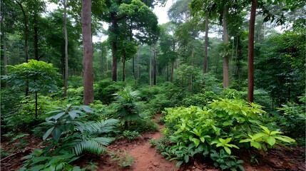 Lush Green Tropical Forest Path Tranquil Nature Trail Scene