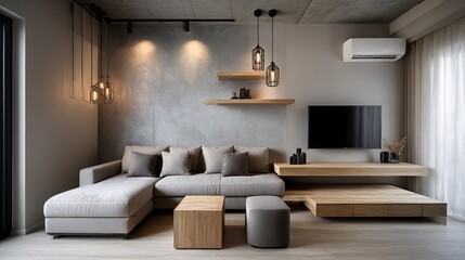 Serene living space with comfortable sofa, minimalist design and wooden accents