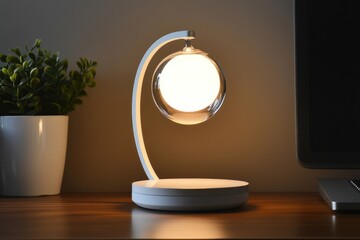 A sleek desk lamp with a magnetic levitating orb gently hovering above its illuminated base transparent background