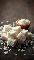 Sugar Cubes and Granulated Sugar on a Rustic Surface