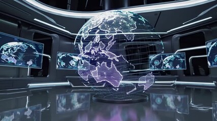 Futuristic room with a digital globe. High-tech displays surround the globe. The digital globe is central, showcasing technology and innovation in a modern setting. - Powered by Adobe