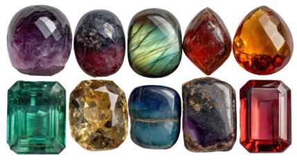 Gemstones: A collection of polished gemstones, each with unique colors and shapes, showcased against a white background. Gemstones are perfect for jewelry-making, crafts, and interior design.