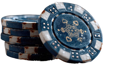 Naklejka premium Casino Chip Stack: A detailed studio shot showcases a stack of vintage casino chips, with a focus on intricate design, each chip bearing marks of time.