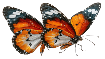 Two Monarch Butterfly in tandem flight: Intricate details of vibrant orange wings, capturing the essence of delicate beauty.