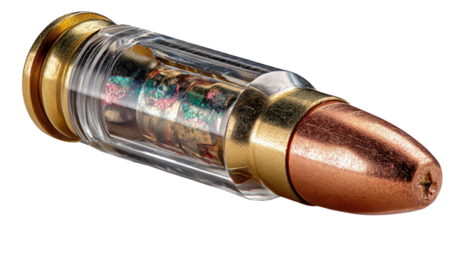 Modern Bullet Close-up: An expertly crafted, transparent bullet, showcasing intricate internal mechanisms and a metallic tip, exemplifies modern engineering and technology.