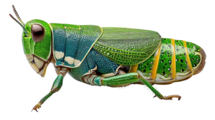 Grasshopper's Vivid Portrait: A vibrant green grasshopper in striking detail, showcasing intricate textures and vivid colors in a macro shot, capturing a perfect moment.