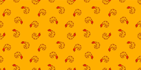 Tempura Shrimp Pattern background. Fried Shrimp doodle illustration Background. Seafood Pattern Design. Crunchy Tempura Pattern.