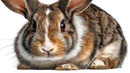 Curious Bunny:  A close-up portrait of a brown and white rabbit with big ears and captivating brown eyes staring directly at the camera with a curious expression.