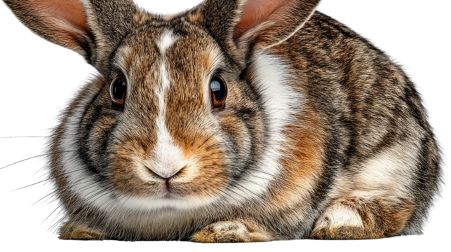 Curious Bunny:  A close-up portrait of a brown and white rabbit with big ears and captivating brown eyes staring directly at the camera with a curious expression.