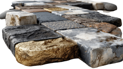 Rustic Stone Mosaic: A closeup view of a rustic stone mosaic featuring a diverse collection of natural stones in various shades, textures and patterns. The mosaic is arranged in a random pattern.