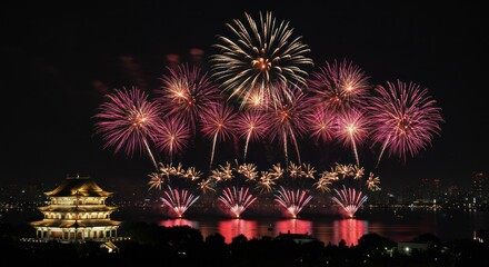 Fireworks over a Traditional Building (Photo)