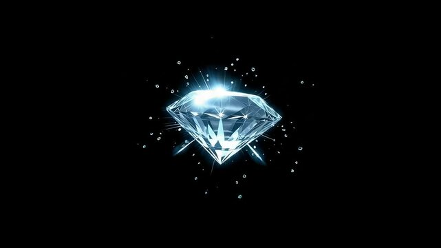 Brilliant blue diamond sparkling on black background with light effects and glitter