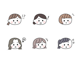 ゆるかわいい手描き風の顔セット／驚く女性