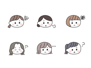 ゆるかわいい手描き風の顔セット／悩む女性