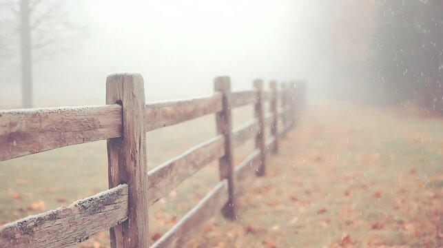 Rustic Wooden Fence in Foggy Autumn Countryside