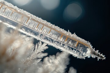Close-up of frosty thermometer with Celsius scale dropping past zero
