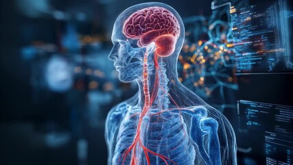 Transparent human figure displaying brain and nervous system against abstract digital background - Powered by Adobe