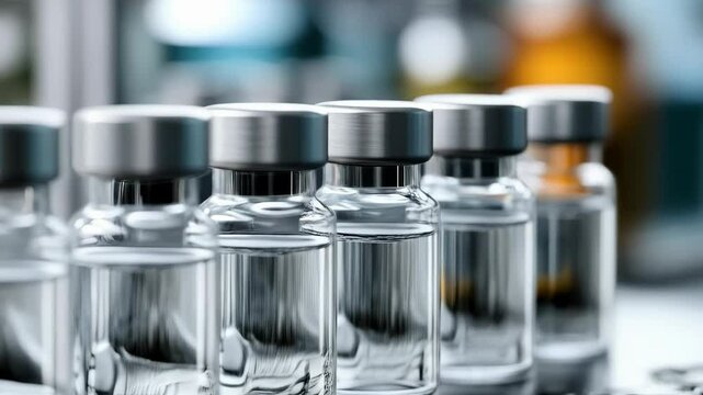 Pharmaceutical research shows a gloved hand holding a vial filled with clear liquid for vaccine development in the laboratory