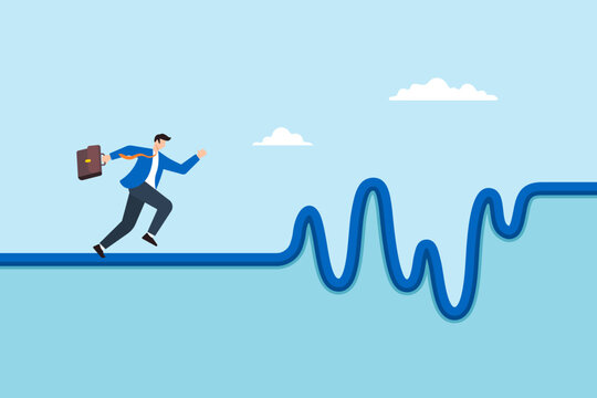 Flat illustration of businessman running on winding unstable path symbolizing career challenges uncertainty and persistence through ups and downs
