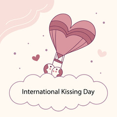 International Kissing Day: Love is in the air, a romantic heart-shaped hot air balloon carries a pair of adorable birds soaring amidst fluffy clouds, celebrating International Kissing Day.