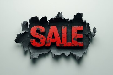 3D design of a torn black paper revealing 'SALE' in bold red letters beneath, set on a sleek white surface, Generative AI