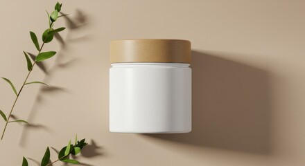 Jar with Wooden Lid and Green Sprig on Beige Surface