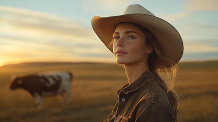 Woman in cowboy hat at golden hour in a field.